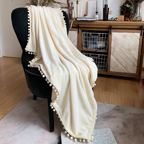 Urban Outfitters Other - Light Cream Neutral Trendy Cute Pompom Fringe Chic Cozy Soft Throw Blanket